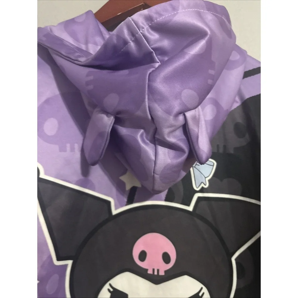 💜 Sanrio Character KUROMI Pull-Over HOODIE w/ EARS ~ Purple & Black‎ Sz Large
